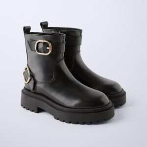 ZARA Chunky Ankle Boots with Buckles Women's Size 37 / 6.5 Black Faux Leather